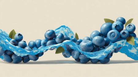A stunning arrangement of blueberries with flowing water and green leaves captures a vibrant and healthy lifestyle, perfect for culinary enthusiasts and nutrition lovers.の素材