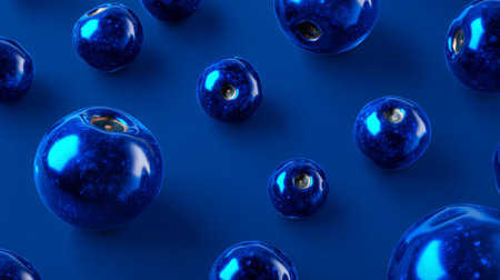 This image features glossy blue spheres with a smooth texture, arranged on a dark background, creating an abstract and visually striking composition of light and reflection.の素材