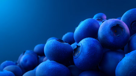 A stunning close-up of fresh blueberries with glistening droplets on their surface, set against a rich blue background. Perfect for food presentation and health promotion.の素材