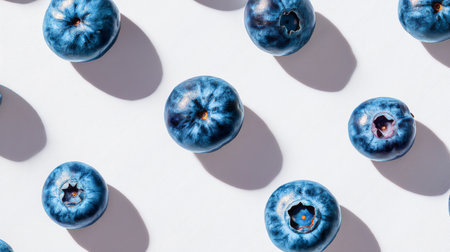 Discover the vibrant beauty of fresh blueberries arranged on a clean white background. This aesthetic flat lay showcases their natural allure and healthy appeal perfectly.の素材