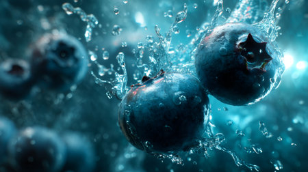 Fresh blueberries create a stunning splash in clear water, surrounded by dynamic bubbles, capturing vibrant energy and a refreshing essence ideal for food photography.の素材