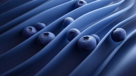 This striking image showcases fresh blueberries resting on a smooth wavy blue surface. The play of light and texture emphasizes the freshness and appeal of this healthy fruit.の素材