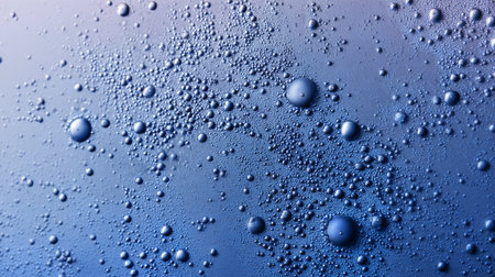 Close-up image showcasing water droplets on a smooth surface, illuminated by a gradient blue background, creating a serene and fresh visual effect. Perfect for abstract design.の素材