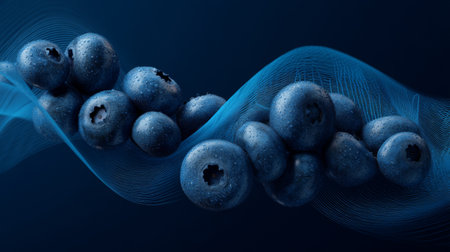 A stunning arrangement of fresh blueberries set against a dark background, enhanced by elegant blue waves, symbolizes health and nutrition in a vibrant presentation.の素材