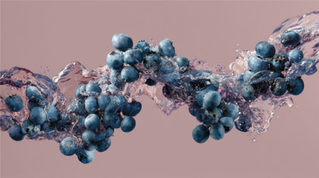 Experience the vibrant freshness of blueberries splashing through clear water against a soft pink background, perfect for culinary inspiration and healthy lifestyle themes.の素材