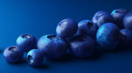 Stunning close-up of fresh blueberries adorned with water droplets, set against a bold blue background. Ideal for culinary arts, nutrition promotion, and healthy eating themes.の素材