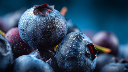 Capture the essence of freshness with these vibrant blueberries featuring glistening water droplets, ideal for health-focused food imagery and culinary presentations.の素材