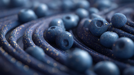 This captivating abstract image features blue spheres with a shimmering texture set against flowing waves, creating a mesmerizing underwater effect suitable for artistic projects.の素材