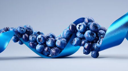 This stunning image features fresh, juicy blueberries elegantly intertwined with a silky blue ribbon, symbolizing health and vibrant culinary art.の素材