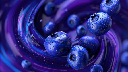 Explore the beauty of fresh blueberries swirling in a dynamic abstract background filled with vivid purple and blue hues, perfect for healthy lifestyle visuals.の素材