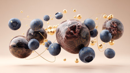 Explore a mesmerizing 3D abstract composition featuring colorful spheres and glowing elements floating seamlessly against a soft background, perfect for artistic projects.の素材