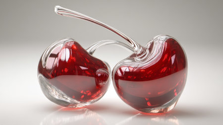 This striking glass art piece features two cherries, beautifully designed with a glossy finish and vibrant red hue, perfect for showcasing modern decor or artistic expression.の素材