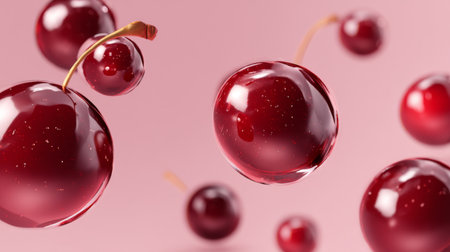 This captivating image features glossy red cherries floating effortlessly against a soft pink backdrop, emphasizing freshness and vibrancy, perfect for design projects or culinary themes.の素材