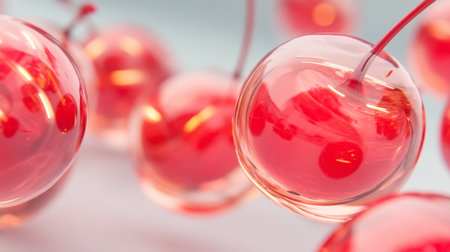 A stunning capture of red glossy spheres that reflect light beautifully, offering a vibrant and imaginative element perfect for creative projects and designs.の素材