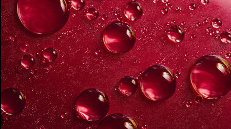 A stunning close-up image featuring vibrant red water droplets resting on a smooth textured surface. The droplets create a beautiful visual effect with shimmering highlights.の素材