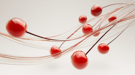 This abstract image captures the beauty of red spheres intertwined with flowing lines, evoking a sense of movement and artistic expression in a modern context.の素材