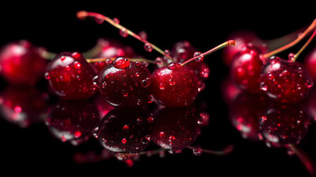 This stunning image captures fresh red cherries adorned with water droplets on a sleek black background, creating a striking visual effect and emphasizing their freshness.の素材