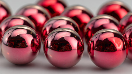 A cluster of glossy red ornaments showcases vibrant colors and reflections, ideal for enhancing festive designs, holiday decorations, and artistic displays.の素材