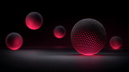 A set of glossy spheres with a hexagonal pattern radiate a red glow against a dark backdrop, perfect for digital or print applications in modern artistic designs.の素材