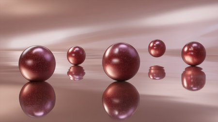 This image showcases five shiny brown marble balls reflecting on a smooth surface, illuminated by soft lighting in a contemporary minimalist setting, creating a serene atmosphere.の素材