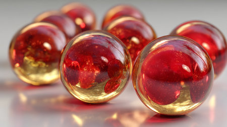 A captivating image of colorful glass marbles in red and gold hues, showcasing their glossy surface and intricate reflection, perfect for artistic and decorative uses.の素材