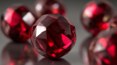 This striking close-up image features a beautifully cut red gemstone displaying radiant facets on a dark background, perfect for jewelry design and art projects.の素材