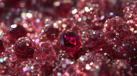 A captivating close-up of red gemstones surrounded by sparkling textures, showcasing luxury and beauty through intricate details and vibrant colors, ideal for creative projects.の素材