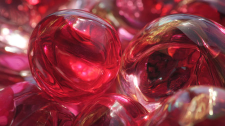Captivating close-up of red glass marbles reflecting light, showcasing a vibrant array of colors and textures, ideal for artistic designs and creative backgrounds.の素材