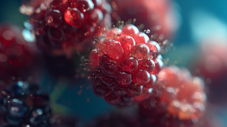 This stunning close-up captures fresh raspberries glistening with water droplets, highlighting their vibrant colors and inviting texture perfect for food photography.の素材