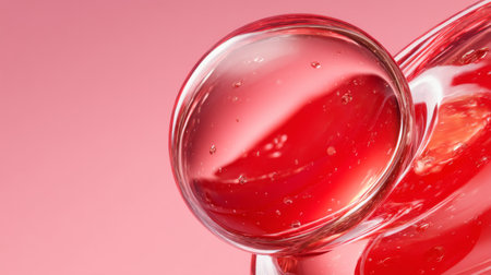 This image features a close-up of a glossy transparent droplet with tiny bubbles, set against a soft pink background, showcasing the artistic interplay of liquid forms.の素材
