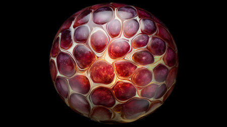 This striking close-up image showcases a textured sphere with intricate patterns and vibrant colors, highlighting the beauty of abstract organic forms against a dramatic backdrop.の素材