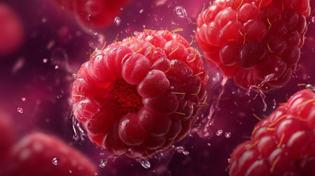 Enjoy an exquisite close-up of fresh raspberries adorned with sparkling water droplets against a stunning purple backdrop, embodying freshness and vibrancy.の素材