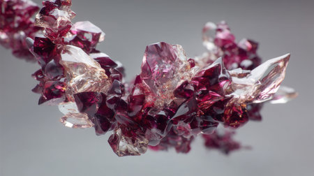 A stunning display of iridescent crimson crystals, showcasing their sparkling facets and intricate shapes. Perfect for abstract art backgrounds or scientific illustrations.の素材