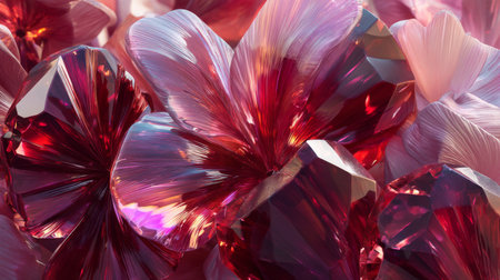 A close-up view of intricate red crystal flowers, showcasing shiny surfaces and vibrant colors that create a stunning display for artistic inspirations and designs.の素材