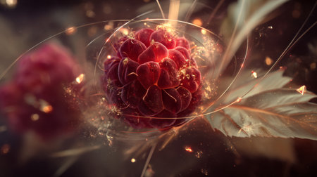 A stunning close-up of a raspberry showcases its rich color and texture, enhanced by soft light and an elegant background, creating a vibrant and artistic image.の素材