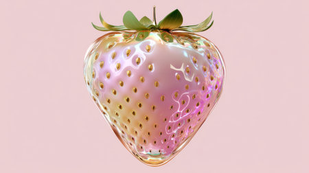 A captivating glass-like strawberry exhibits a glossy finish and soft pink background. Perfect for artistic food presentations and creative dessert inspirations.の素材