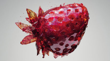 An eye-catching 3D rendering of a vibrant strawberry surrounded by droplets, showcasing its glossy texture and rich red hue, perfect for food and design themes.の素材