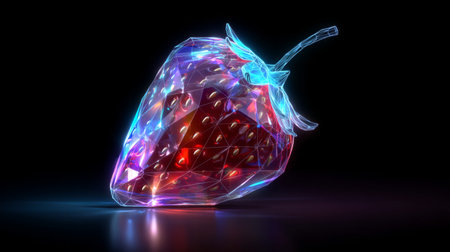 This striking crystal strawberry sculpture showcases vibrant neon colors and intricate geometric patterns, making it an eye-catching piece for modern art and decor enthusiasts.の素材