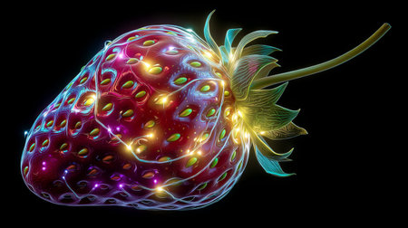 A bright and colorful strawberry with a stunning neon glow stands out against a black background, symbolizing freshness and vibrancy in food-related designs.の素材