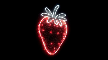 This vibrant neon illustration of a strawberry features a glowing effect against a dark background, perfect for modern designs, food themes, and creative projects.の素材