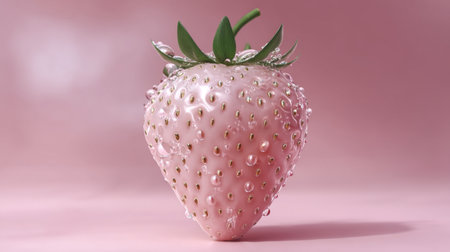 This beautiful close-up image features a pink strawberry adorned with delicate pearls, set against a soft pink background. Perfect for showcasing elegance and freshness.の素材