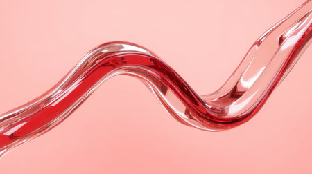 Dynamic abstract image featuring a flowing red liquid on a smooth surface against a pink background, showcasing texture and motion, perfect for artistic and modern projects.の素材