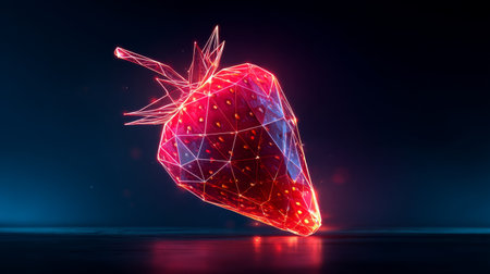 This unique 3D illustration features a stunning strawberry rendered in a polygonal style, illuminated with colorful neon effects, ideal for creative projects.の素材