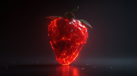 A striking geometric representation of a strawberry, illuminated in red light against a dark background, perfect for creative projects, food themes, or modern designs.の素材