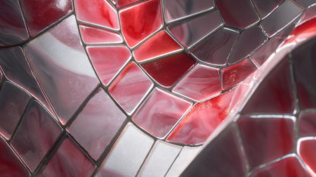 This abstract close-up image features a colorful mosaic of tiles in shades of red and gray, showcasing intricate patterns and glossy textures for a modern aesthetic.の素材