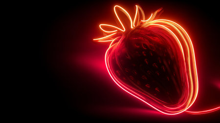 A captivating image of a stylized strawberry illuminated by neon lights, showcasing bright colors against a dark backdrop, ideal for creative projects and food-related themes.の素材