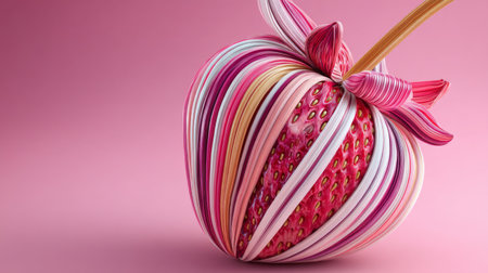 This artistic representation of a strawberry features vivid stripes and creative patterns, highlighting the beauty of nature through a playful design on a soft pink background.の素材