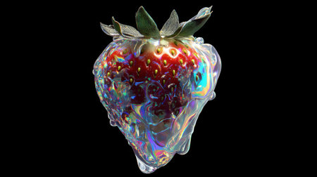 A striking strawberry appears encapsulated in an iridescent liquid, showcasing vibrant colors and intricate details, perfect for culinary art and design inspiration.の素材