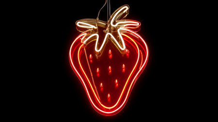 A vibrant neon strawberry light art piece set against a dark background, this decor adds a playful touch to any vintage or modern space, illuminating with bright colors.の素材