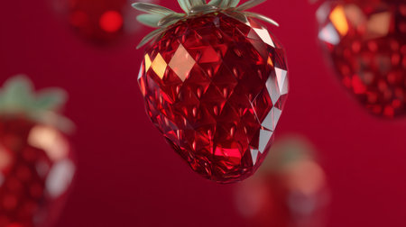 Explore the enchanting beauty of shimmering red crystal strawberries elegantly suspended against a rich red background, ideal for culinary or decorative projects.の素材